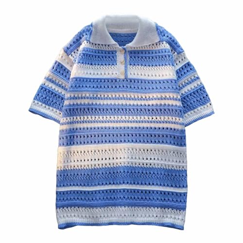 サマーニット セーター メンズ メッシュ ポロシャツ 半袖 Vネック 襟付き 吸汗速乾 夏服 ストレッチ ストライプ ボーダー ニットシャツ 大きいサイズ ゆったり 柔らかい ゴルフウェア カジュアル おしゃれ ビジネス(L/ブルー)