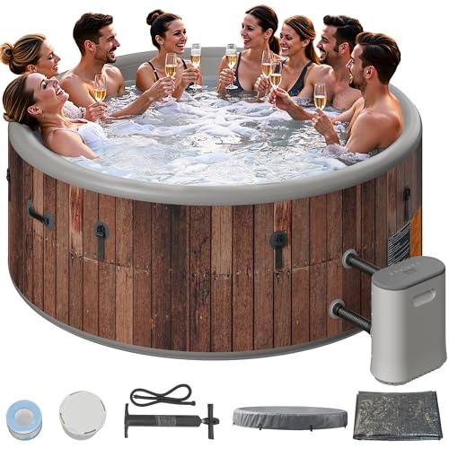 GianToucan 85' Drop-Stitch Inflatable Hot Tub, 6-8 Person Outdoor Spa, Rigid Portable Outdoor Spa with 220 Massage Jets, Smart Heating Pump, Foil-Lined Thermal Cover, Round, Rustic Wood