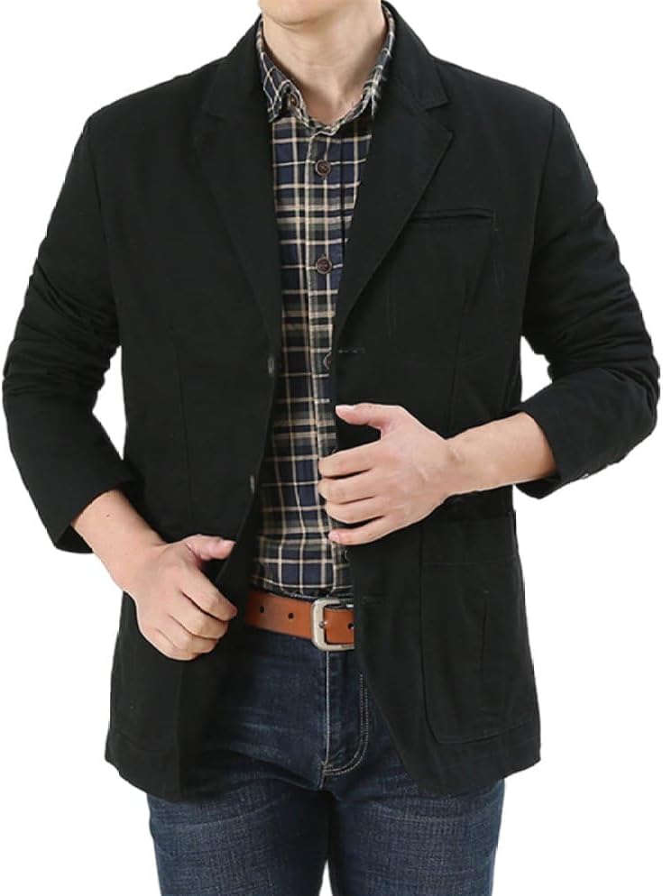 FWSHANGMAO Mens Casual Washed Blazer,3-Button Casual Suits Regular Fit Cowboy Jacket Cotton Blazer Sports Jackets Smart Retro Multi-Pocket Formal Work Jacket
