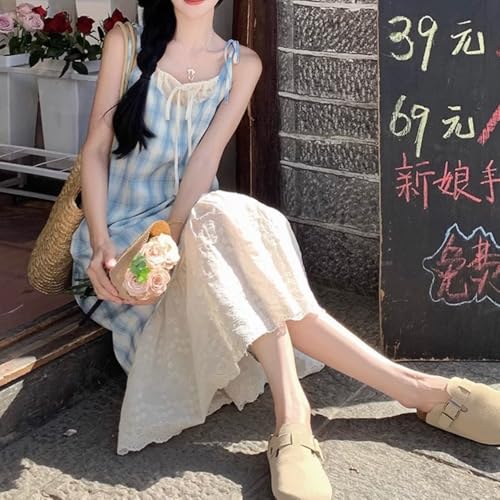 Cute Plaid Bow Vintage Spaghetti Dress Red Plaid Blue Plaid Dress for Women Backless Lace Dress for Women3
