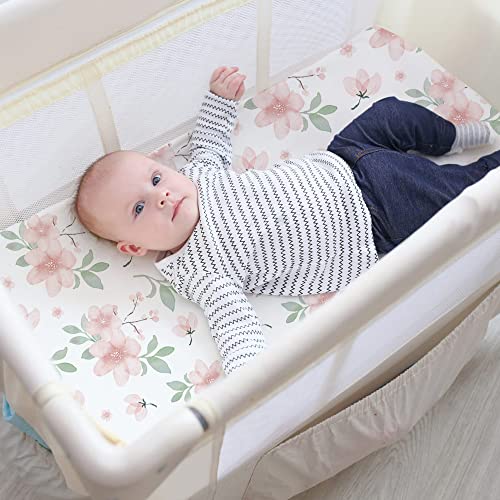 Pack n Play Stretchy Fitted Playard Sheet Set BROLEX 2 Pack Portable Mini Crib Sheets,Convertible Playard Mattress Cover,Ultra Soft Material,Pink Blossom