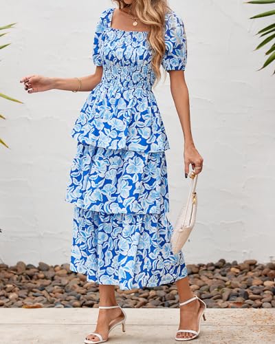 Image of BTFBM Womens Floral Smocked Summer Maxi Dresses | Square Neck Puff Short Sleeve Ruffle Tiered, 2026 Trendy Casual Sundress, Cruise Holiday Beach Vacation Wedding Guest Dress