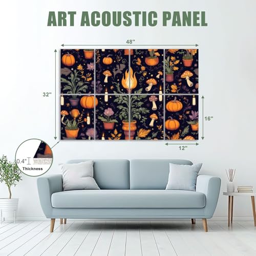 8 Pack Art Acoustic Panels Sound Absorbing Gothic Boho Plants Herbs Flame Pumpkin Mushrooms Candles Hand Drawn Decorative Soundproof Wall Panels Self Adhesive for Recording Studios Office 48"x32" miniatura 2