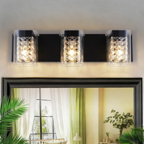 Image of MantoLite Modern Crystal Bathroom Vanity Light, 3CCT Matte Black Wall Light | 3-Light Bathroom Lighting Fixtures With Glass Shade Over Mirror,Bedrooms,Living Room or Dining Areas