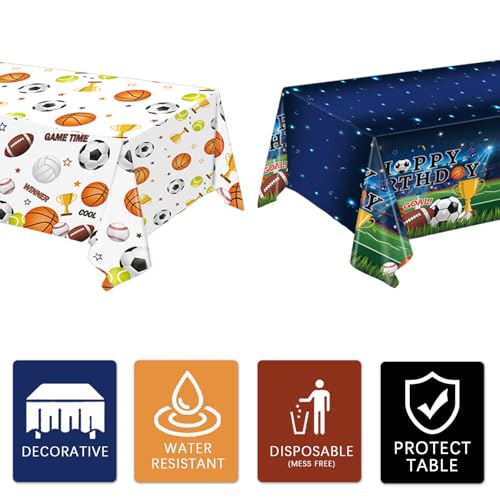 Image of LINHAXM 4 Pack Sports Tablecloths, 54 x 108 Inch, Multicolor, Rectangular, Plastic, Sports Party, Spill Resistant, Wipe Clean