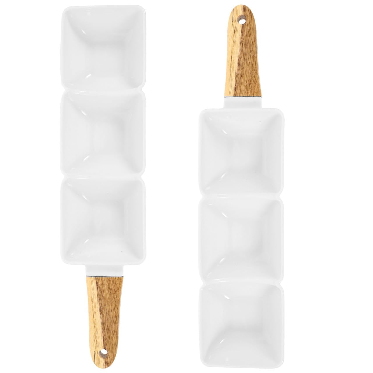 Cuenco de Cerámica con Asa de Madera 2 Piezas Tazón de Condimentos de 3 Compartimentos Blanco, Portátil para Aperitivos para Hotel y Tienda de Alimentos