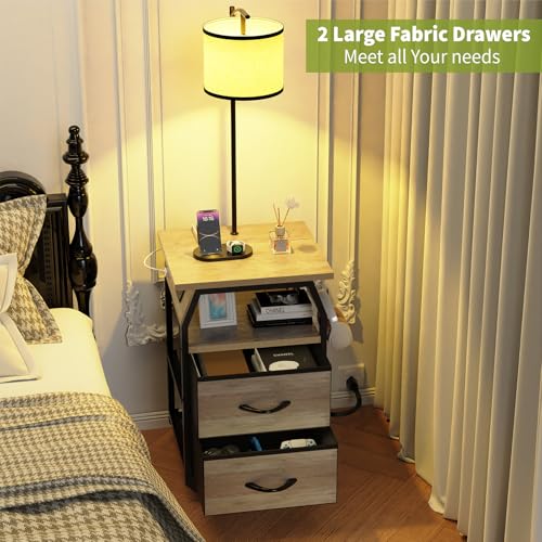 Image of runjuly Floor Lamp with Table, End Table with Light and Charging, Greige