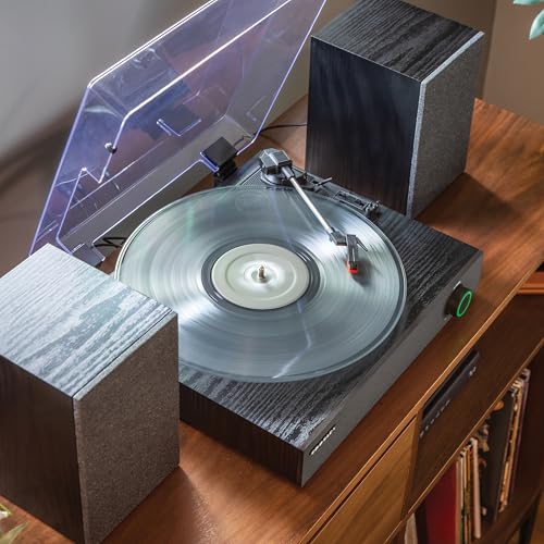Image of Crosley CR7503A-BK Zane Record Player with Speakers, Black | 3-Speed Turntable, Bluetooth In / Out, LED Color on Dial Indicates Audio Mode, Matching External 38W Stereo Speakers