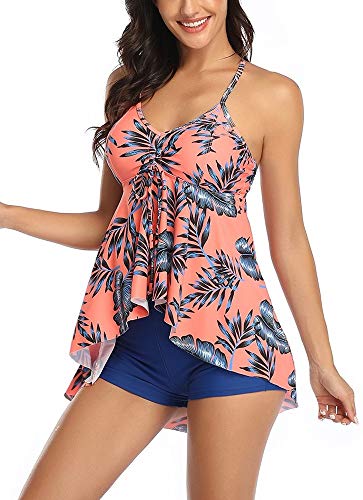 Uhnice Swimsuit for Women Two Piece Tankini with Boyshorts Tank Top Bathing Suit (X-Large, Blue/Orange)