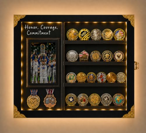 Image of Challenge Coin Display Case for Gift, Lighted Coin Medal Holder with Photo Frame & Chalkboard, Wall Mount Shadow Box with Removable Shelves, Memorial Gift for Men, Veterans, Collectors, Black