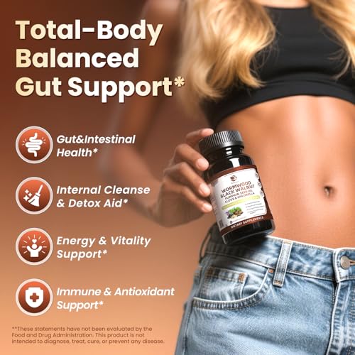 Image of Wormwood Black Walnut Cleanse for Human 1200mg - Gut Health Supplement | Plus Pumpkin Seed Oil,Clove,Activated Charcoal for Daily Digestive Balance - Men & Women Probiotic Capsules -Vegan, 90 Count