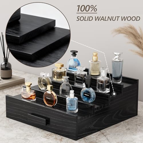 Image of Solid Walnut Cologne Organizer for Men, 4 Tier Cologne Stand, Wooden Cologne Holder Display Shelf with Drawer Storage and Hidden Compartment, Black Perfume Stand Organizer, Gifts for Men