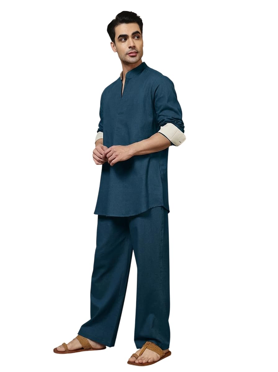 Solid Pure Cotton Shirt With Knee Length Combo Cord Set|Full Pant|Shirt Dress|Mandarin Collar|Full Sleeve|Co ords for Men Fashion|Party Casual Wear|Two Piece (Teal)-image-10