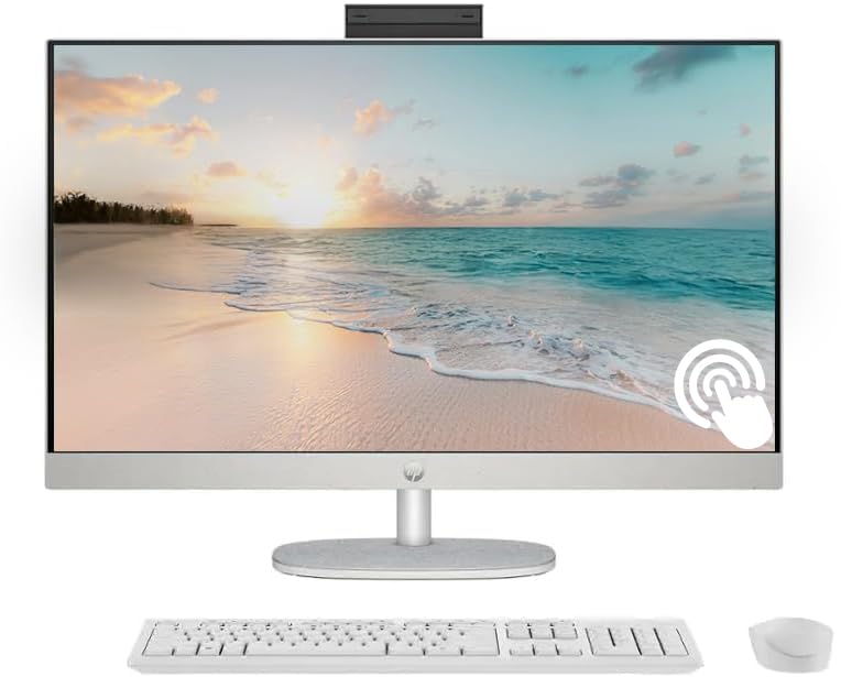 HP 27" FHD Touchscreen All-in-One Desktop Computer, Quad-Cores Ryzen 5 7520U, Windows 11, Wireless Keyboard & Mouse, Silver (AMD Ryzen 5, 16GB RAM |