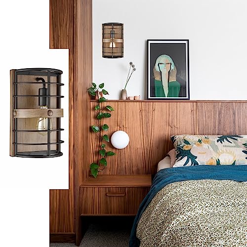 Hydelite Farmhouse Wall Sconce Black Wall Light Cage With Wood Grain Finish 1-Light #TOP1