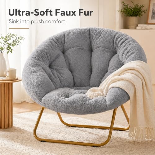 Image of Simple Deluxe Cozy Chair, Faux Fur Saucer Chair for Bedroom, Comfy Foldable Moon Chair, Round Fluffy Chair for Living Room, Fuzzy Saucer Chairs for Adults Room, Gray