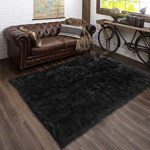 Latepis Rugs for Living Room Alfombras para Salas 5x8 Faux Sheepskin Black Fur Rug Fluffy Shag Plush Rugs for Bedroom Luxury Room Décor, Rectangle