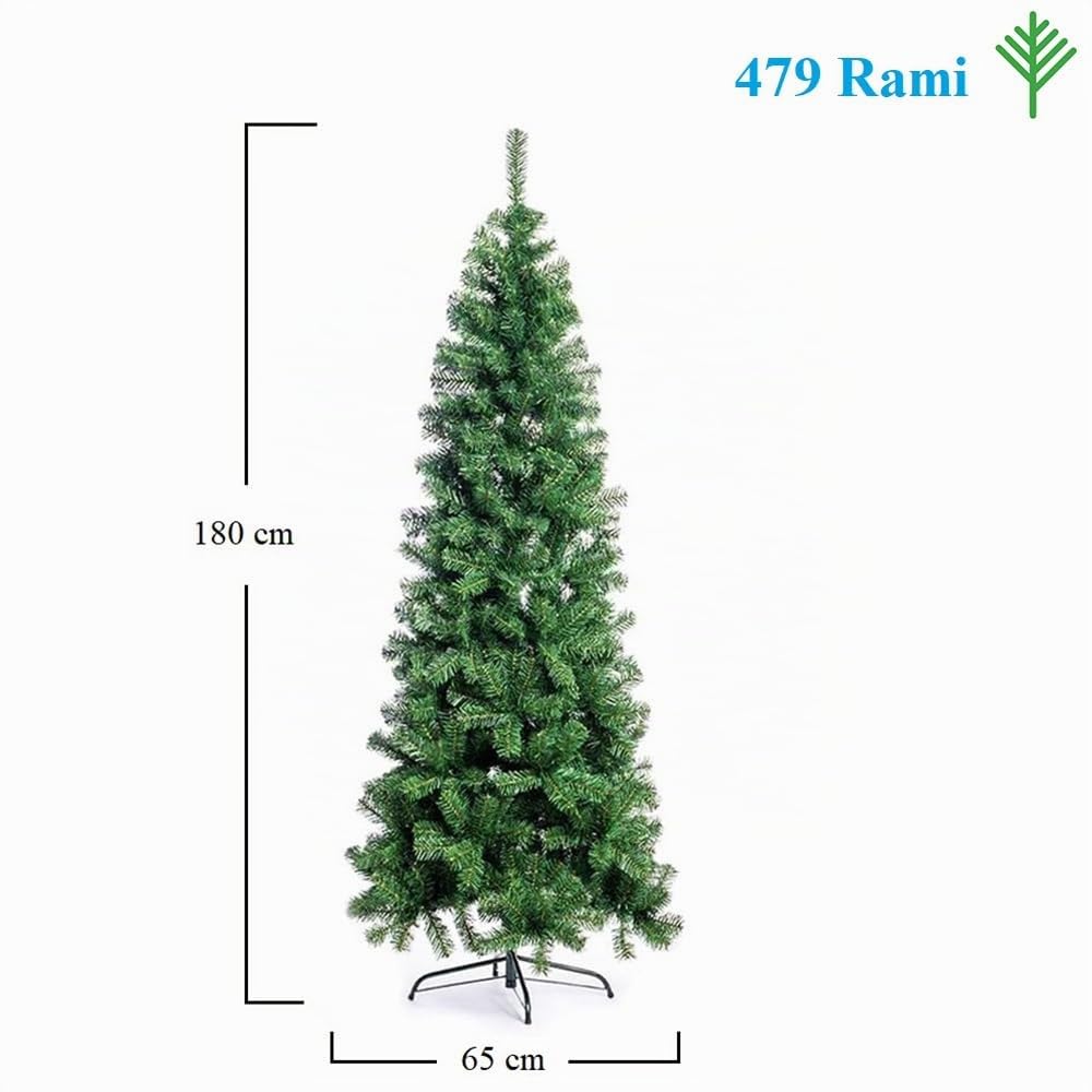 Paluplus Set Albero di Natale Artificiale EXTRA SLIM da 180 cm, con Borsone e Scatola Porta Palline Rossi, Abete in PVC con 479 Rami, Effetto Realistico -745F/516C