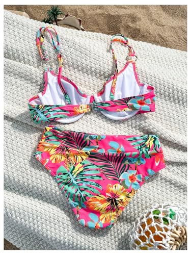 MakeMeChic Women's 2 Piece Floral Bikini Set Ring Linked Underwire High Waist Bathing Suit Swimsuit4