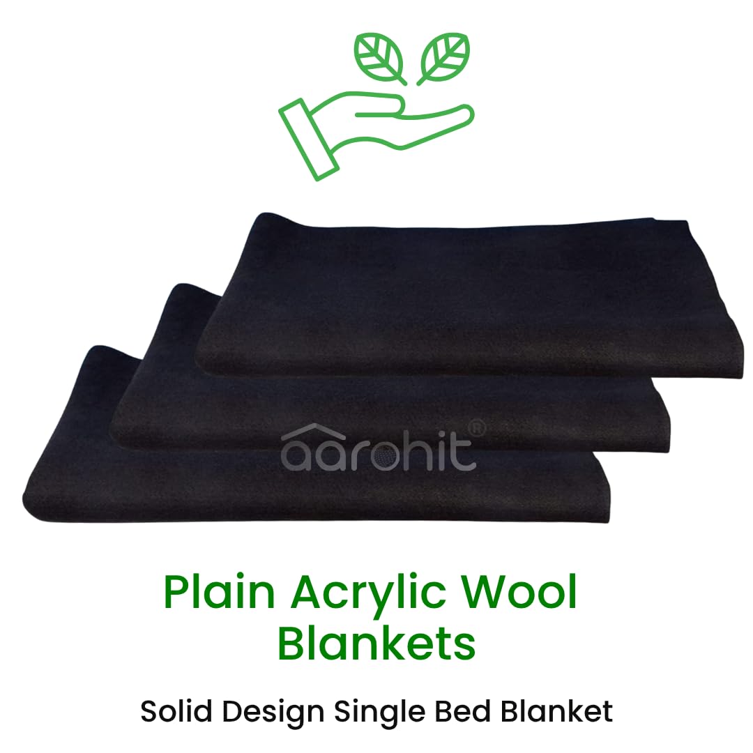 AAROHIT® Black Plain Acrylic Wool Fauji Blankets, Solid-Design Single Bed Blanket for Donation Daan (Black, 150 cm x 225cm, Pack of 1) 3