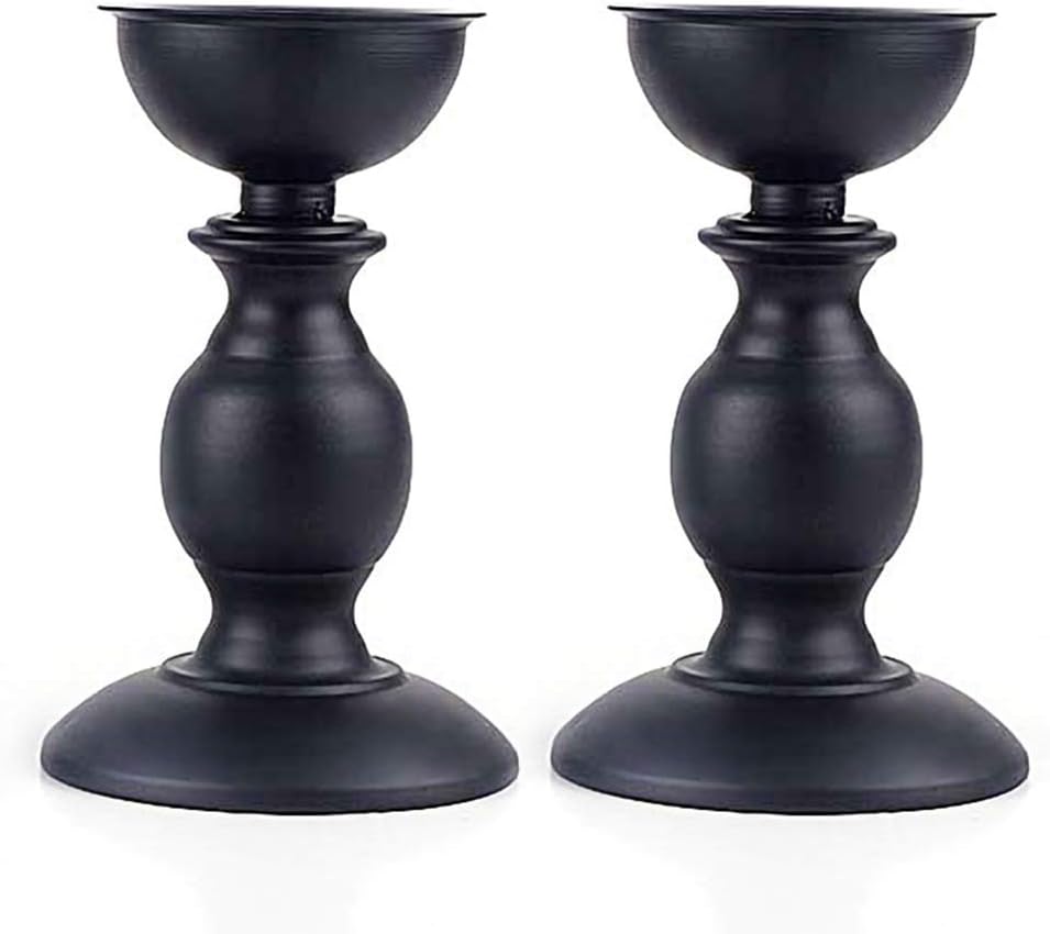 QTKJ Set of 2 Black Metal Taper Candle Holders Dining Room Table Decoration Centerpiece Short Candlestick Stand for Candlelight Dinner Wedding Festival Birthday Home Ornaments