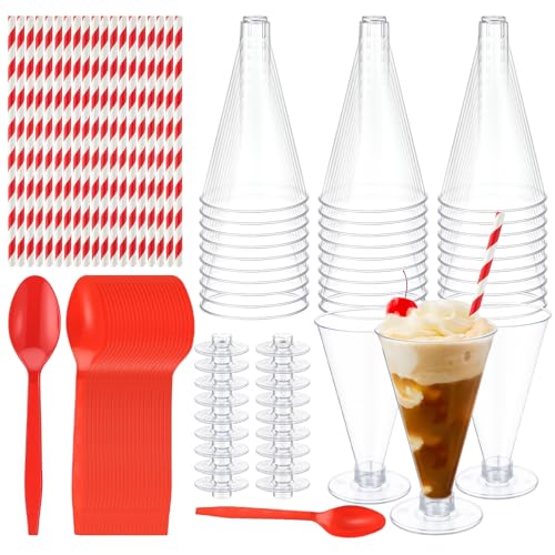Potchen 120 Pcs Root Beer Cups Floats Disposable Plastic Martini Glasses Milkshake Cups Red Plastic Spoons Set 6 oz Tall Dessert Cup with Spoons Straw Root Beer Clear Cocktail Cup for Birthday Wedding