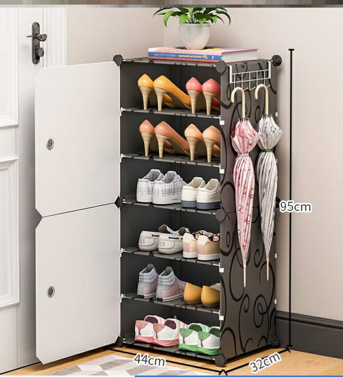Image of Plastic Shoe Rack for Home with Door | 6-Shelf DIY Shoe Cabinet Organiser | Stores 12 Pairs | Foldable & Waterproof Shoe Stand for Entryway, Bedroom