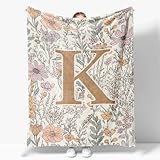 JXREQ Throw Blanket Initial Letter K Personalized Monogrammed Gifts for Women Teen Girls Frends, Boho Floral Throw Blankets for Bed Sofa Living Room Office, 50x60 Inch
