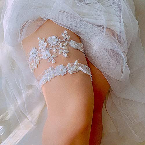 White Lace Garters Set with Large Flower Pearls Belt for Bridal Leg Band - Wedding Party Accessories Gift for Brides