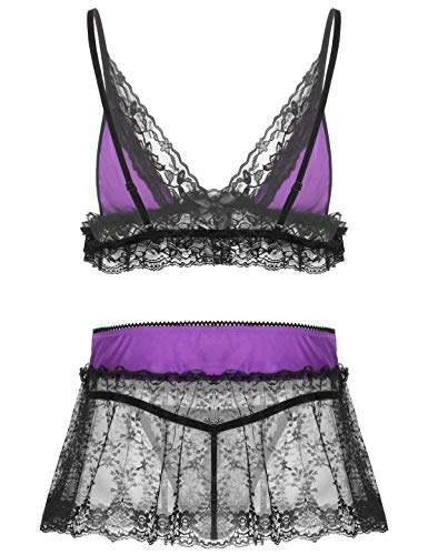 Choomomo Men's Sissy Lingerie Set Ruffled Sheer Lace Nightwear Babydoll Crossdressing Underwear2