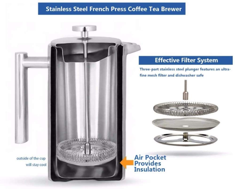 zaizai Termo de Acero Inoxidable 18/10 Resistente para café, Bebida, Prensa Francesa, cafetera de té de Doble Pared, 1000 ml
