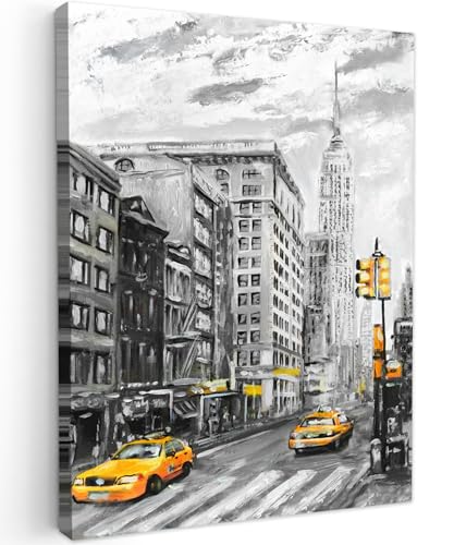 MuchoWow© Impression sur Toile Decoration Murale Peinture 30x40 cm Tableaux Art Décoratif Muraux Décoration Chambre New York - Peinture à l'huile - Ville - Jaune - Voiture