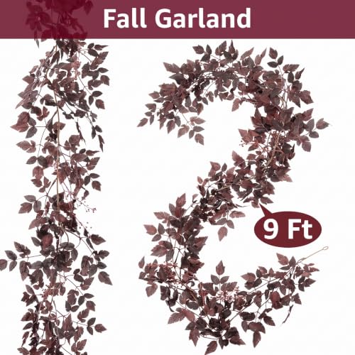 Image of Neutral Fall Garland for Mantle - 9Ft Plum Cimicifuga Seeded Leaf Garlands Purple Autumn Decor Fireplace and Table Decorations for Home Indoor Door Halloween Realistic Leaves Outdoor