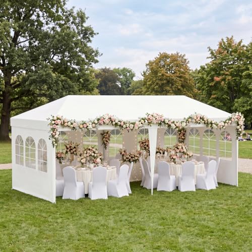 Image of 10x20 White Canopy Tent with 4 Removable Sidewalls and Windows, Waterproof Outdoor Party Gazebo Tent for Backyard Wedding Events BBQ Graduation