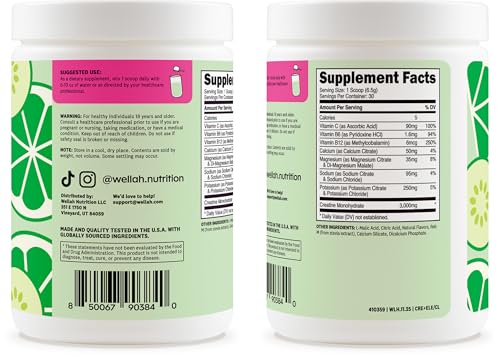 Image of Wellah Creatine + Electrolytes Powder (Cucumber Lime) 30 Servings - Hydration Drink Mix with 3g of Creatine Monohydrate