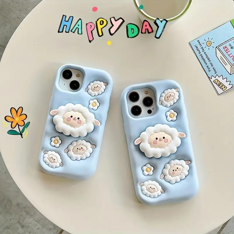Image of COVERLY for iPhone 14 3D Cartoon Sheep Flock Case,Full Protective Funda Cotton Candy Cloud Pop Back Case with Holder Cute Soft Silicone Stylish Fashion Fun Aesthetic Cover for Apple iPhone 14