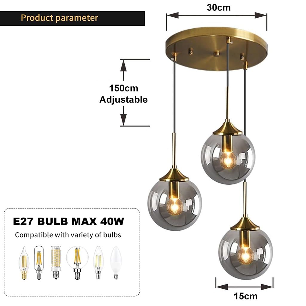Żyrandol w stylu vintage, lampa wisząca, 3 światła, globus, szklany klosz, regulowane nowoczesne oświetlenie na wyspę kuchenną, klatkę schodową, do jadalni, przedpokoju, salonu, sypialni, złote