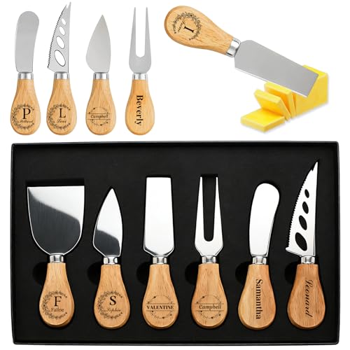 Set di coltelli da formaggio personalizzati con manici in legno di acacia - Mini coltelli da formaggio personalizzati con incisione, spalmacchio, forchetta, tagliaburro, affettatrice per tagliere di s