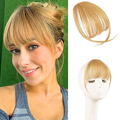 FESHFEN Clip in Bangs 100% Human Hair Air Bangs Real Hair Extensions Wispy Bangs Golden Blonde Thin Fringe Hair Pieces Natural Fringe with Temples One Piece Hairpieces for Women Girls