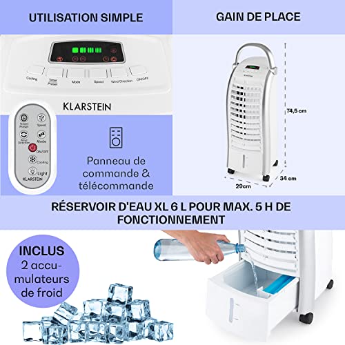 klarstein rafraichisseur d'air 4 en 1, climatiseur portable, humidificateur, ventilateur, ioniseur, climatiseur mobile sans Évacuation, pack glacons, réservoir 6l, 65w, puissant débit d'air 444m³/h