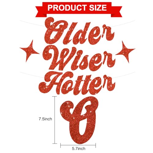 Image of BEISHIDA Glitter Red Older Wiser Hotter Banner with Star, Funny Birthday Banner 30th 40th 50th 60th 70th 80th Party Decorations