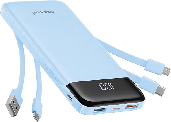 Charmast Power Bank with Built in Cables X 4, 10000mAh USB C Battery pack 6 Outputs 3 Inputs with LED Display Type C Powerbank Portable Charger Compatible with Smartphones Tablets and More - 1