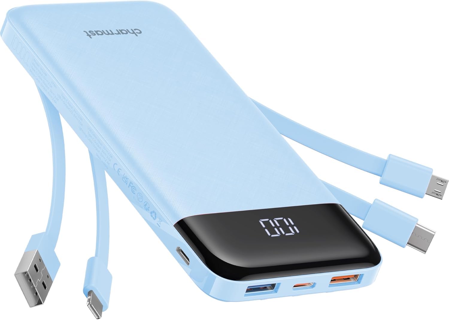 Charmast Power Bank with Built in Cables X 4, 10000mAh USB C Battery pack 6 Outputs 3 Inputs with LED Display Type C Powerbank Portable Charger Compatible with Smartphones Tablets and More