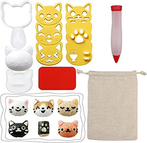 Cute Cartoon Cat Pattern Rice Ball Mold DIY Porphyra Sushi Nori Bento Kitchen Rice Molds 6 Sets with 1pc Sauce Decorating Pen in A Burlap Bag
