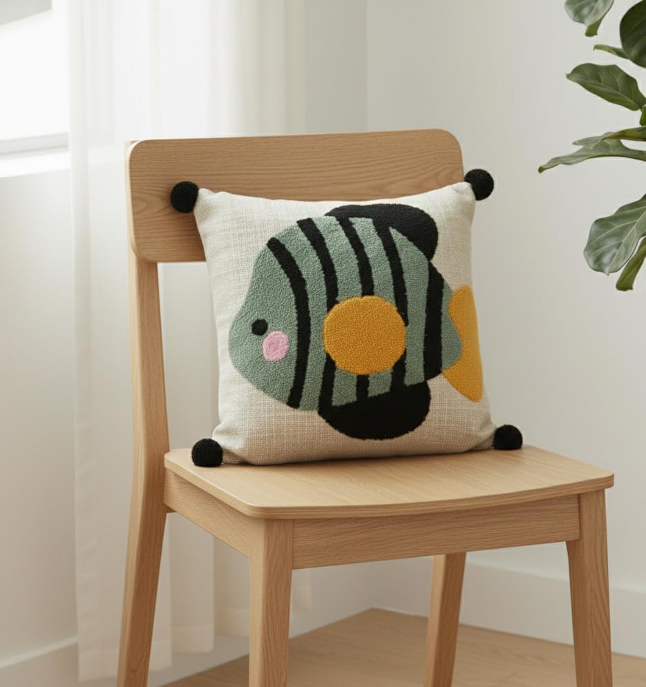 Image of Fish Embroidered Kids Cushion Cover 16 x 16 Inches or 40x40 cms Cotton Fabric Cushion Covers for Sofa Set /Diwan Beds, Sofa Throw Pillow Cover Only, Set of 1 Pc