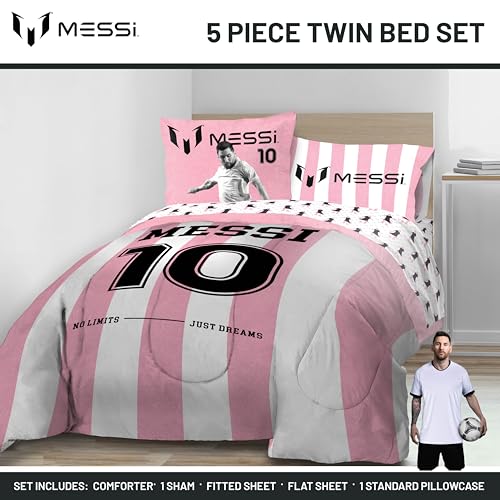 Image of Jay Franco Messi Twin Comforter Set 5 Piece Soft Kids Sports Bedding, Pink