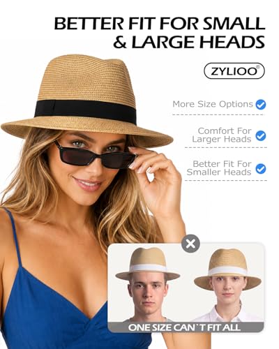 Image of Zylioo XXL XL Straw Hats for Men Big Heads,L M S UV Summer Fedora Panama,UPF Beach Sun Hats for Women Travel Hat