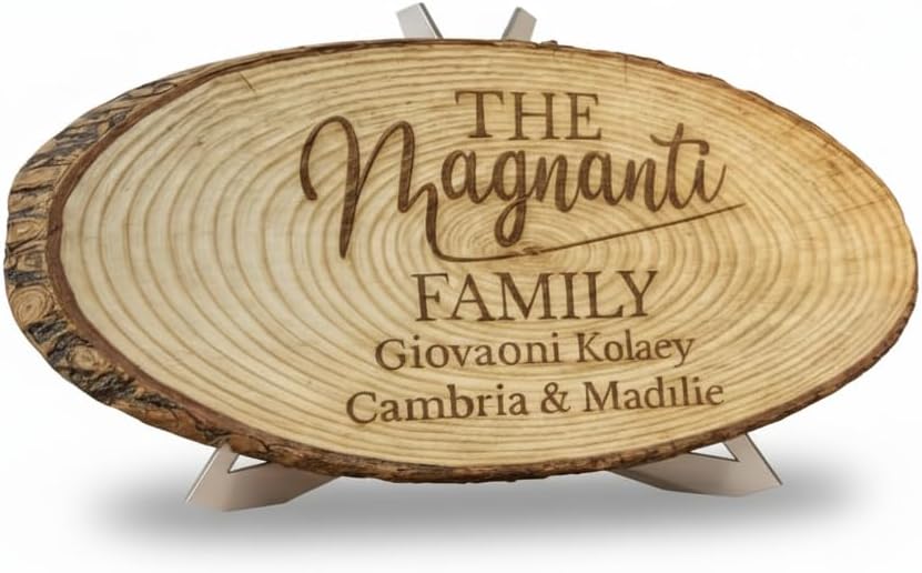 Personalized Rustic Solid Wood Slice Family Name Sign with Display Stand, Custom Last Name Plaque with Established Date, Unique Housewarming Gift, Gifts for Wedding, Anniversary Present, Christmas