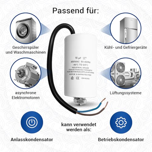 VIOKS CBB60 kondensator 16µF 450 V – kondensator rozruchowy, kondensator silnikowy, kondensator rozruchowy, uniwersalny z kablem przyłączeniowym i śrubą mocującą M8 do elektrycznych urządzeń domowych