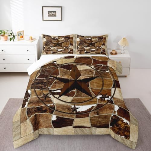 Image of Western Texas Star Bedding Set Twin Cowhide Comforter Set Rustic Farmhouse Comforter Vintage Decor Rural Country Farmhouse Duvet Set Twin Size Quilt 2Pcs Boys